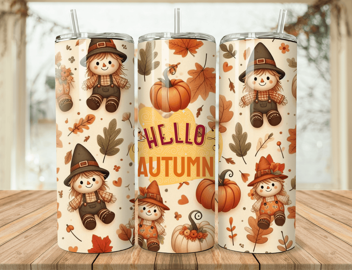 Cute Scarecrow Tumbler | Pumpkin Autumn Tumbler | Fall Season Cup | Stainless Steel Tumbler with Straw