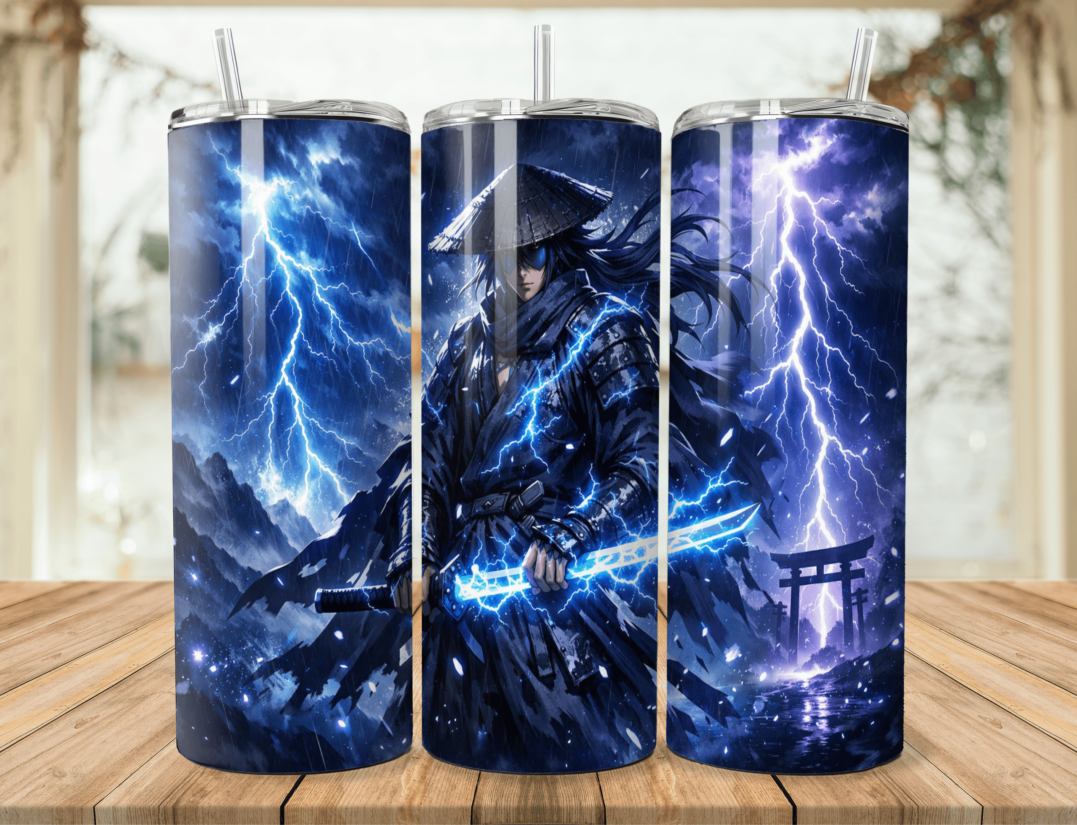 Samurai Anime 20oz Tumbler – Lightning Warrior Stainless Steel Tumbler – Fantasy Japanese Art Travel Mug