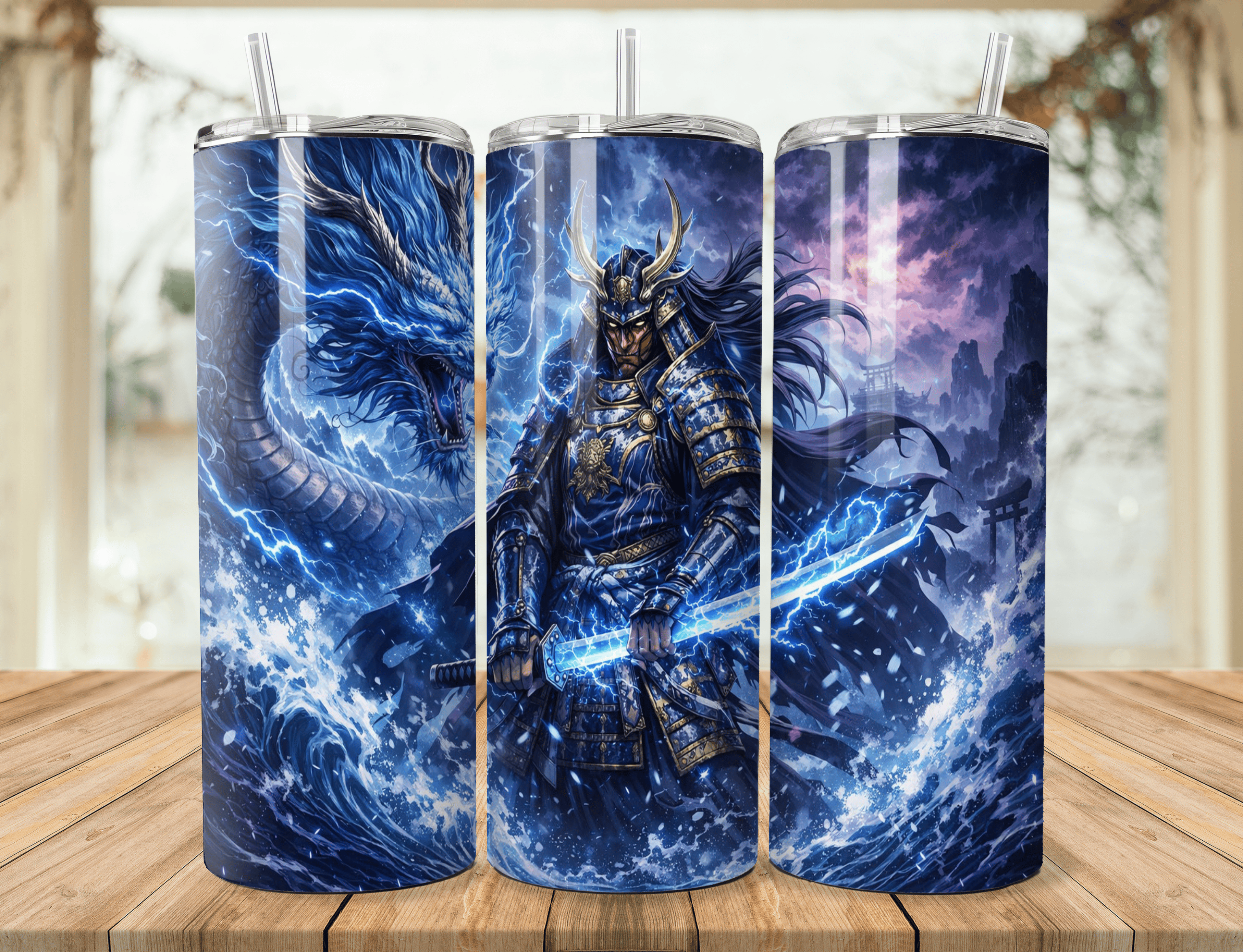 Samurai Anime 20oz Tumbler – Lightning Warrior Stainless Steel Tumbler – Fantasy Japanese Art Travel Mug