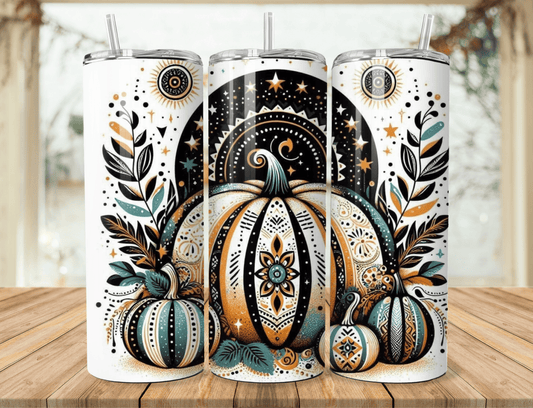 Boho Fall Pumpkin Tumbler – 20oz Skinny Tumbler – Autumn Pumpkin Cup – Fall Drinkware – Reusable Tumbler with Straw