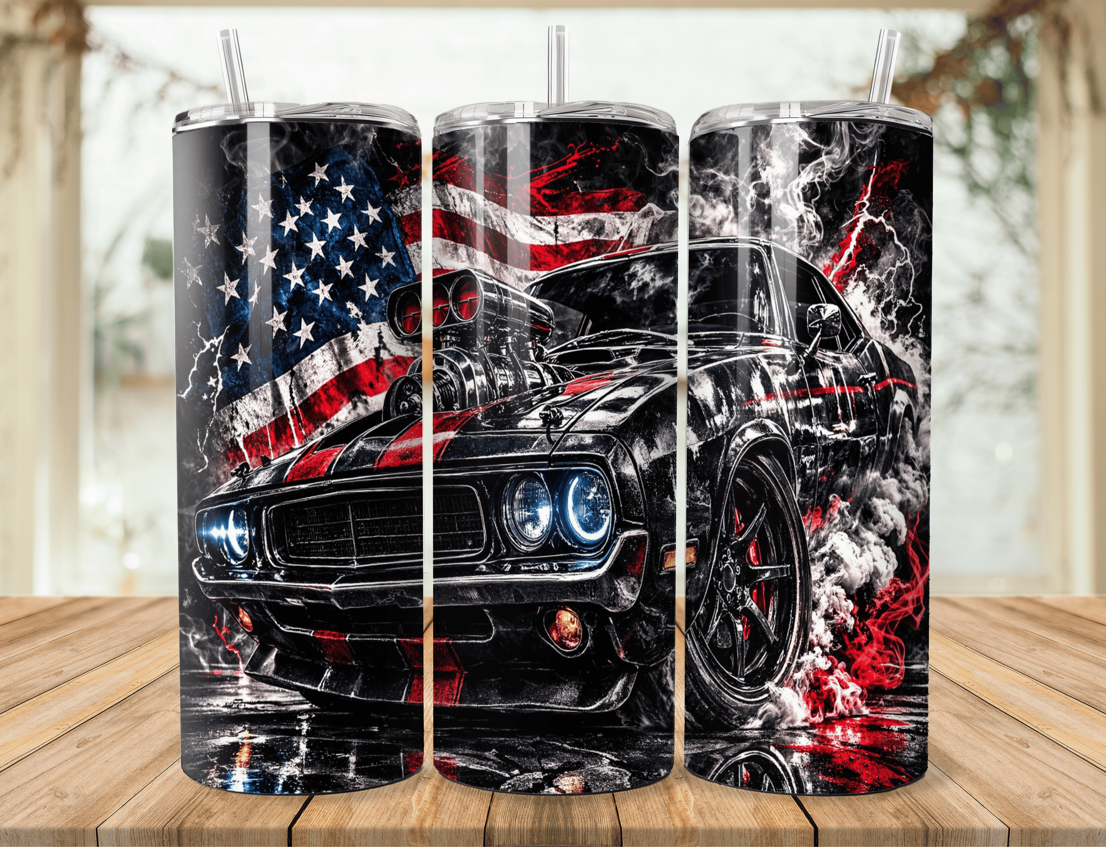 20oz American Muscle Car Tumbler – Patriotic Flag Stainless Steel Travel Mug
