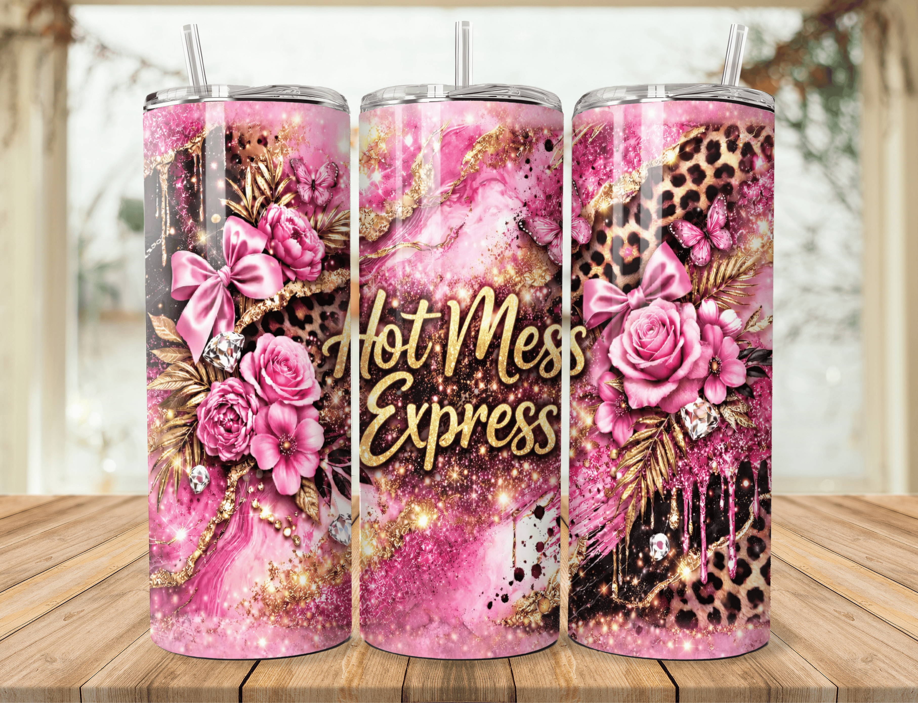 20oz Stainless Steel Tumbler – Pink Leopard Floral Glitter Design | Fierce Mama / Hot Mess Express / Stay Wild | Insulated Travel Mug Gift