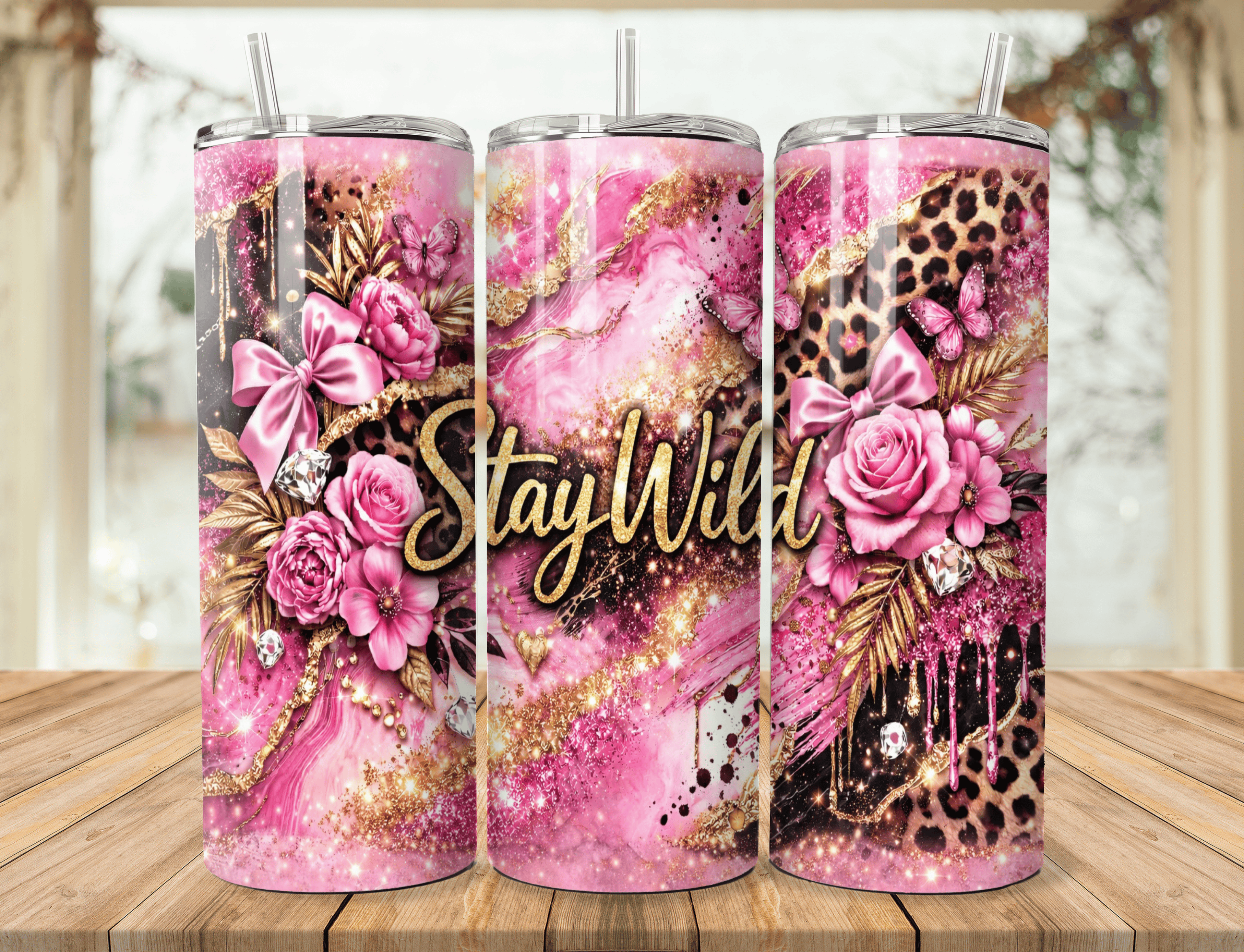 20oz Stainless Steel Tumbler – Pink Leopard Floral Glitter Design | Fierce Mama / Hot Mess Express / Stay Wild | Insulated Travel Mug Gift