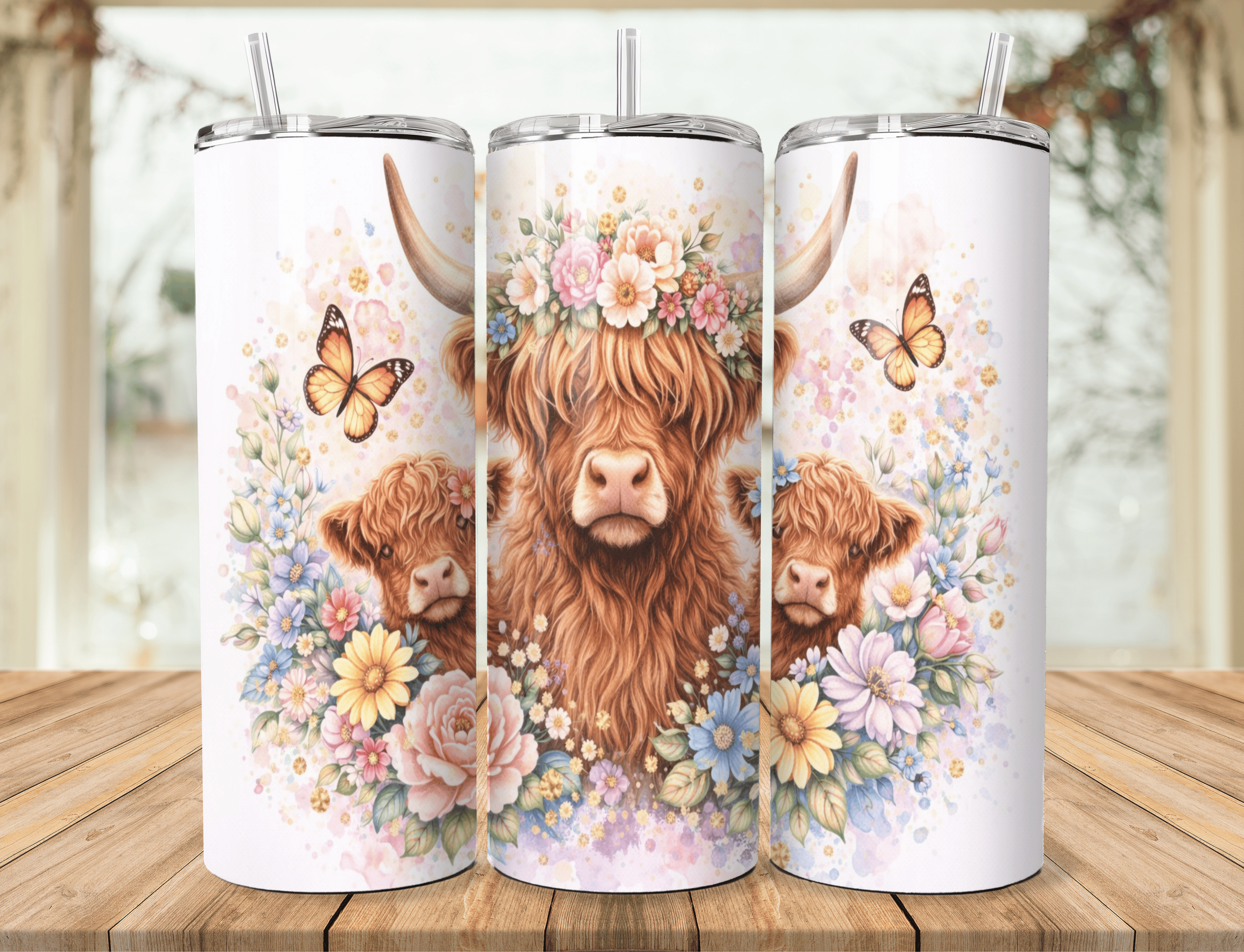 Highland Cow 20oz Tumbler – Floral Highland Cow Stainless Steel Tumbler | Cow Lover Gift | Insulated Coffee Travel Mug