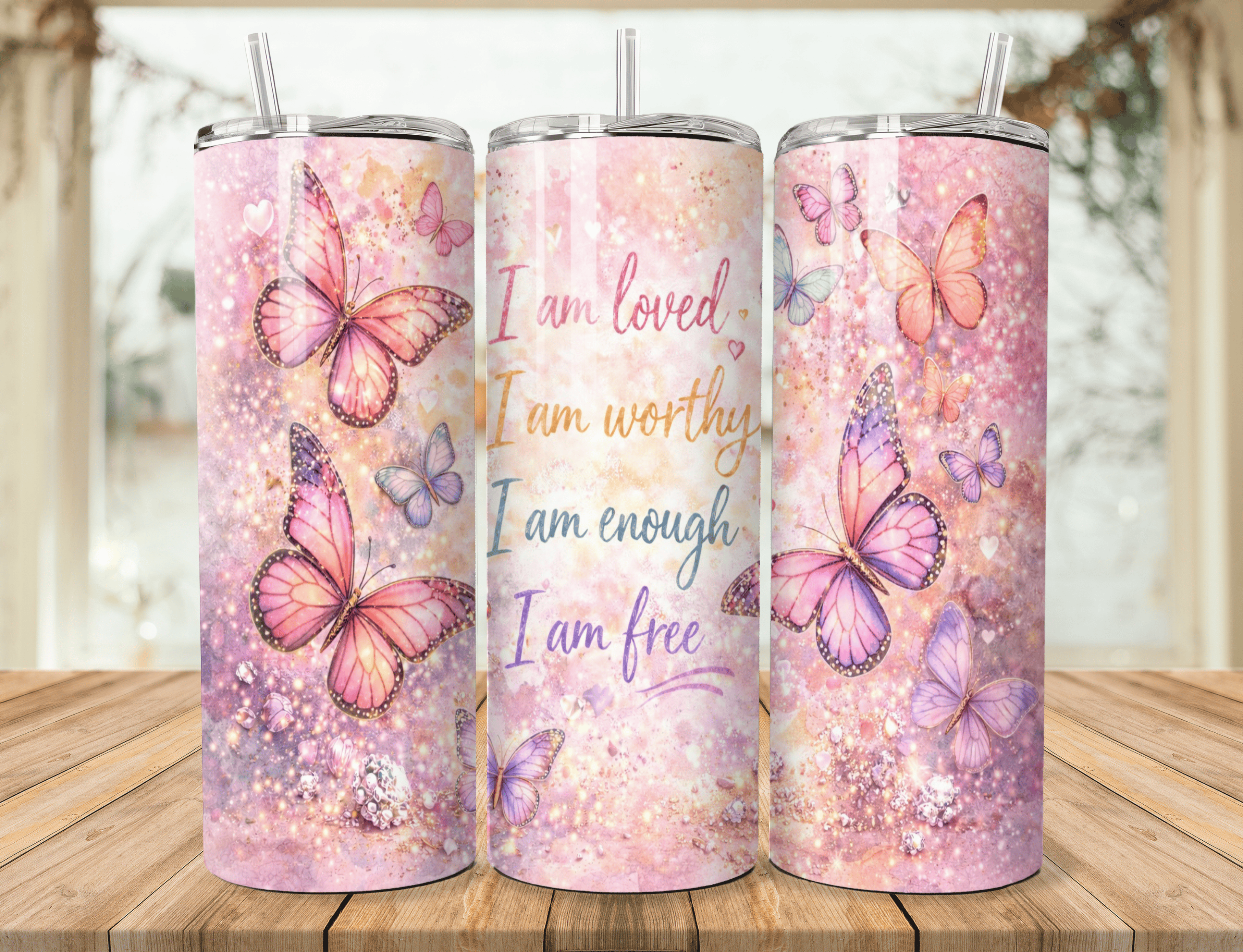 Butterfly Affirmation 20oz Tumbler – Inspirational Stainless Steel Tumbler | I Am Loved I Am Worthy I Am Enough I Am Free | Motivational Travel Mug