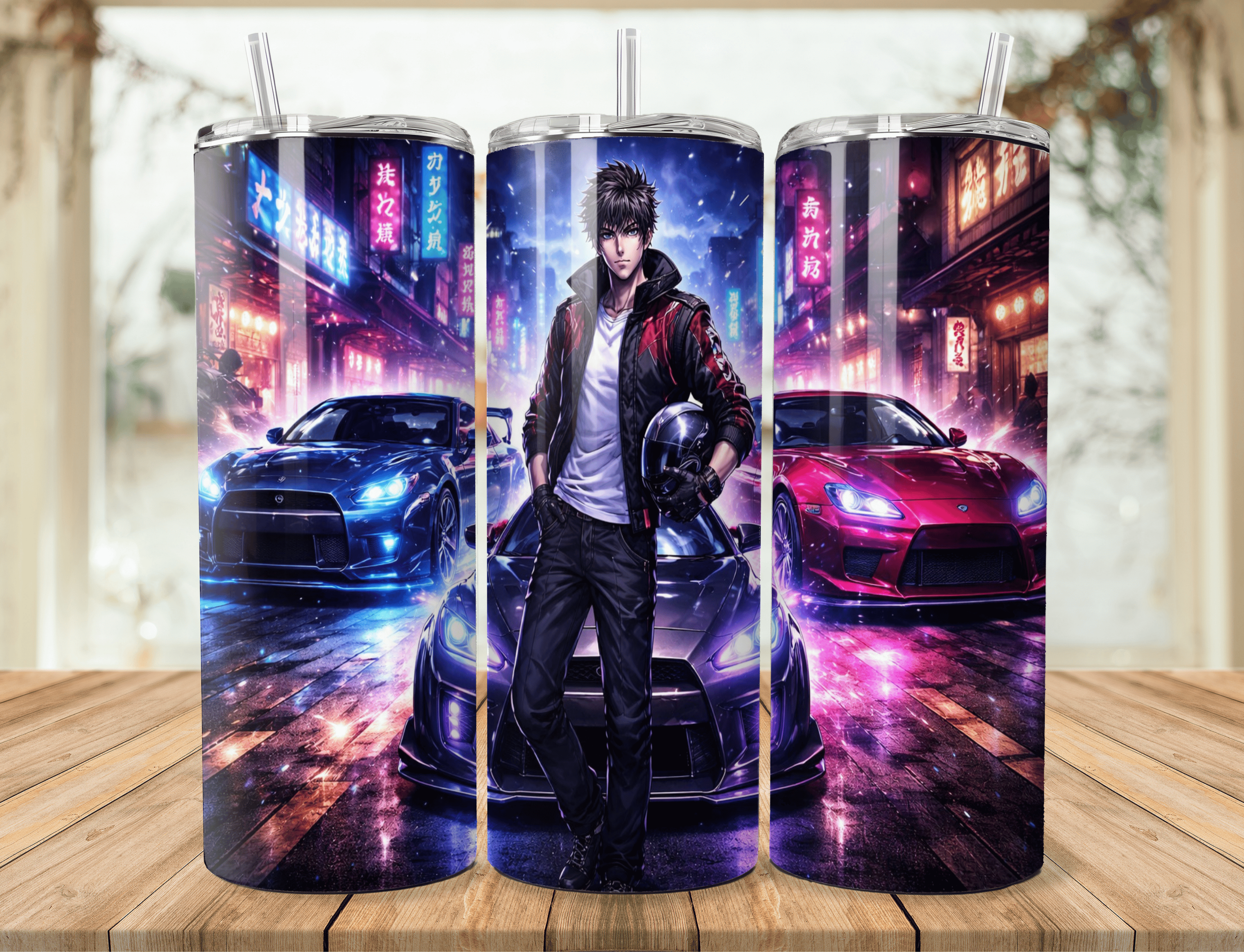 20oz Anime Street Racer Tumbler – Neon JDM Racing Stainless Steel Travel Mug
