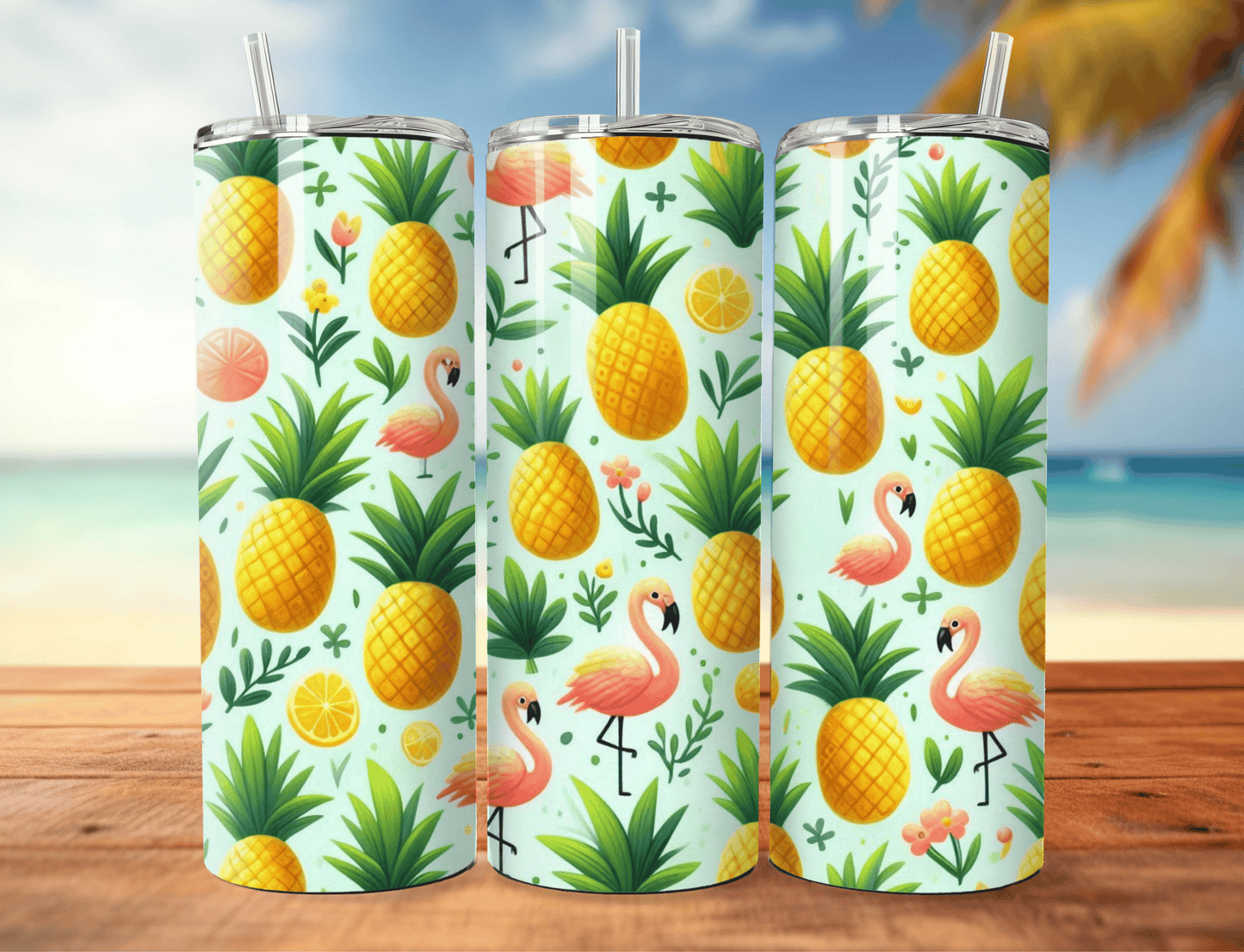 Pineapples & Flamingos Green Tumbler image 0