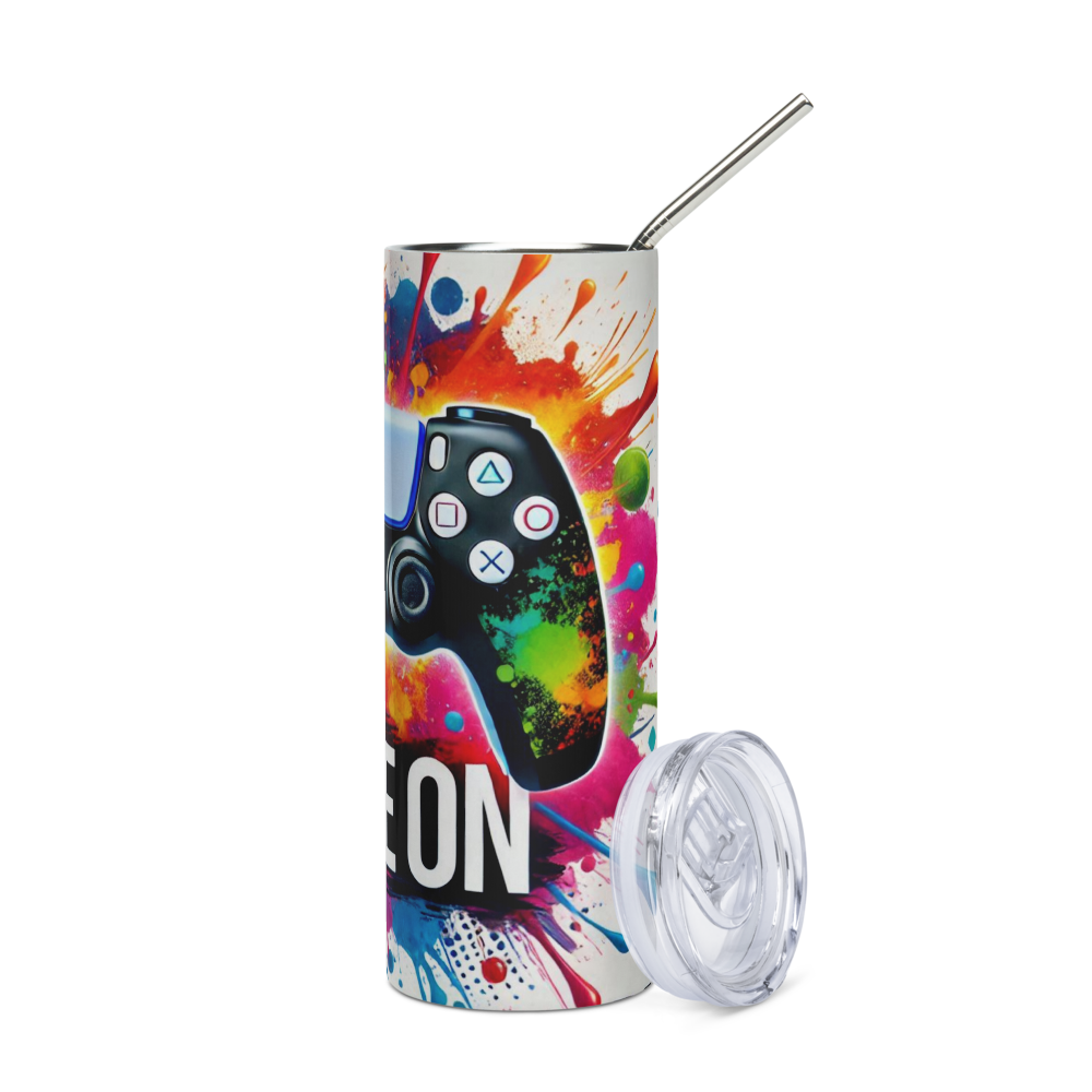 White Game-On PS Controller Metal Tumbler image 3