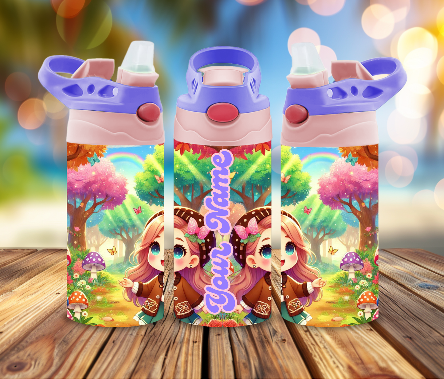 Personalized Kids Tumbler 12 oz | Colorful Forest Water Bottle | Custom Name Cup for Girls