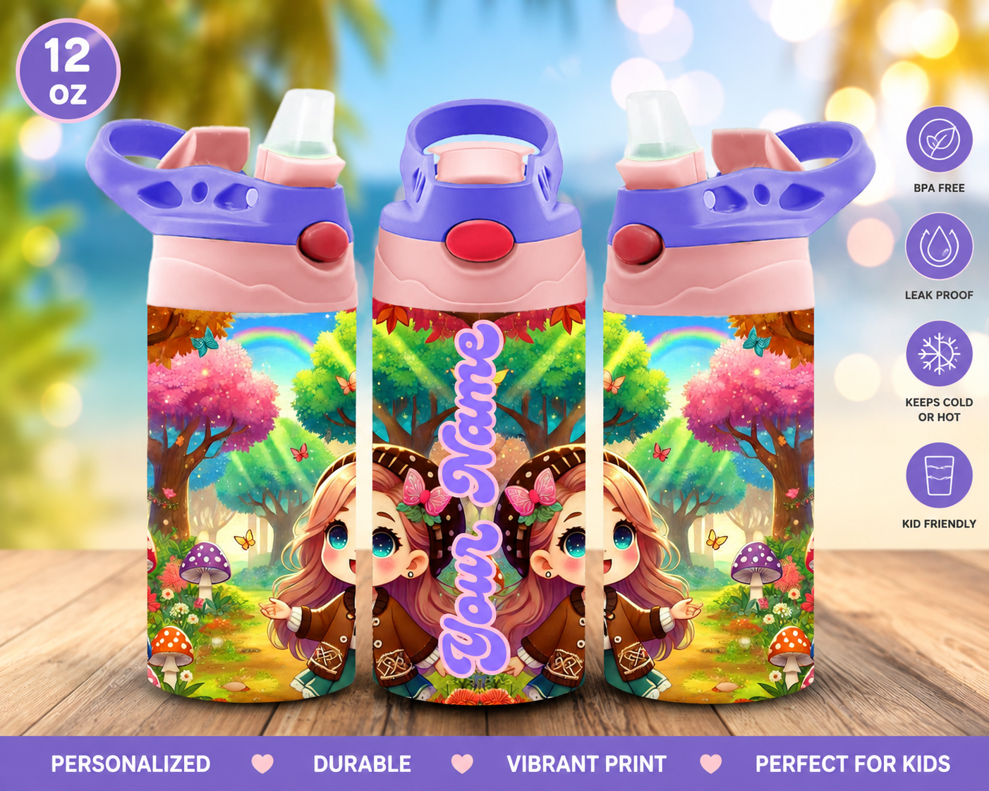Personalized Kids Tumbler 12 oz | Colorful Forest Water Bottle | Custom Name Cup for Girls
