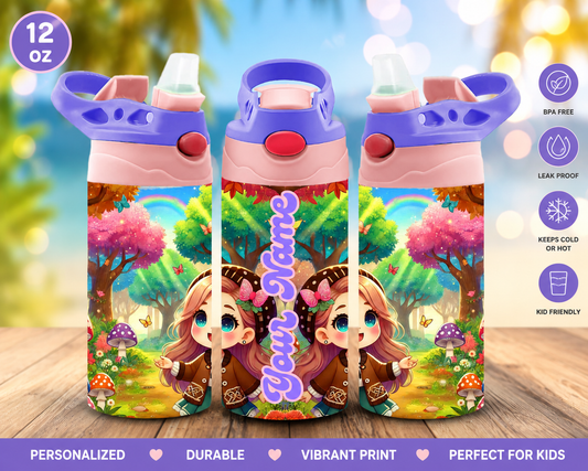 Personalized Kids Tumbler 12 oz | Colorful Forest Water Bottle | Custom Name Cup for Girls