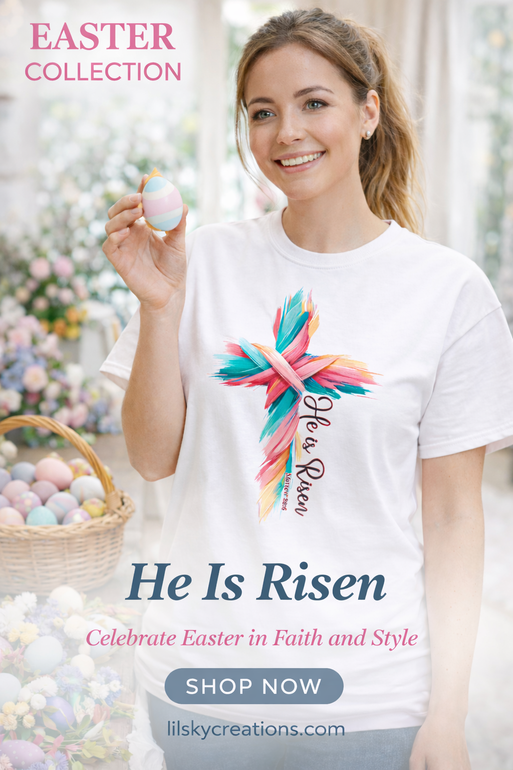 He Is Risen Cross T-Shirt — Vibrant Brush‑Stroke Faith Design