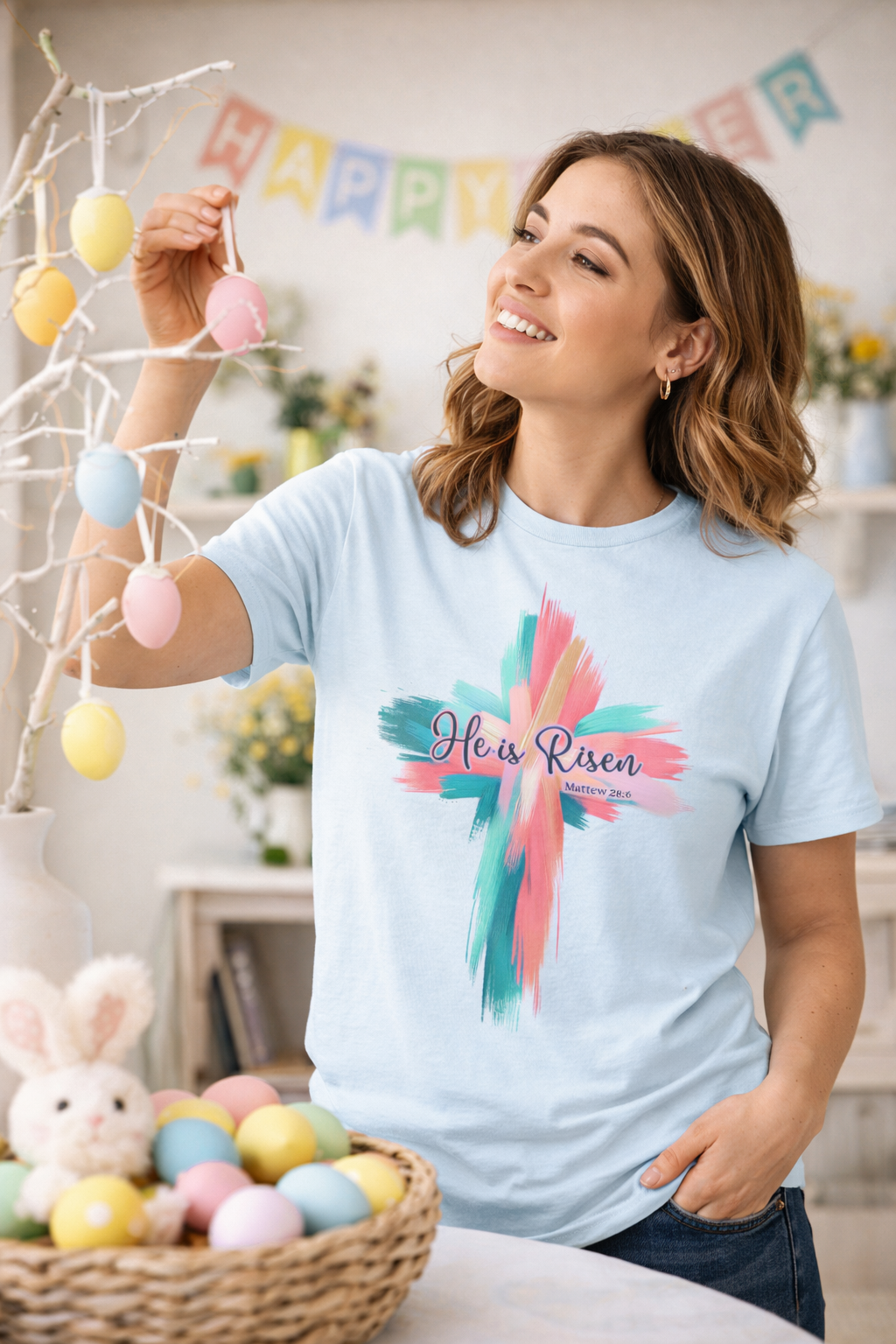 “He Is Risen” Christian T-Shirt — Matthew 28:6 Faith Cross Design