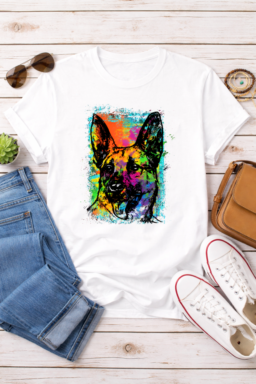 German Shepherd Artistic T-Shirt – Colorful Modern Dog Design