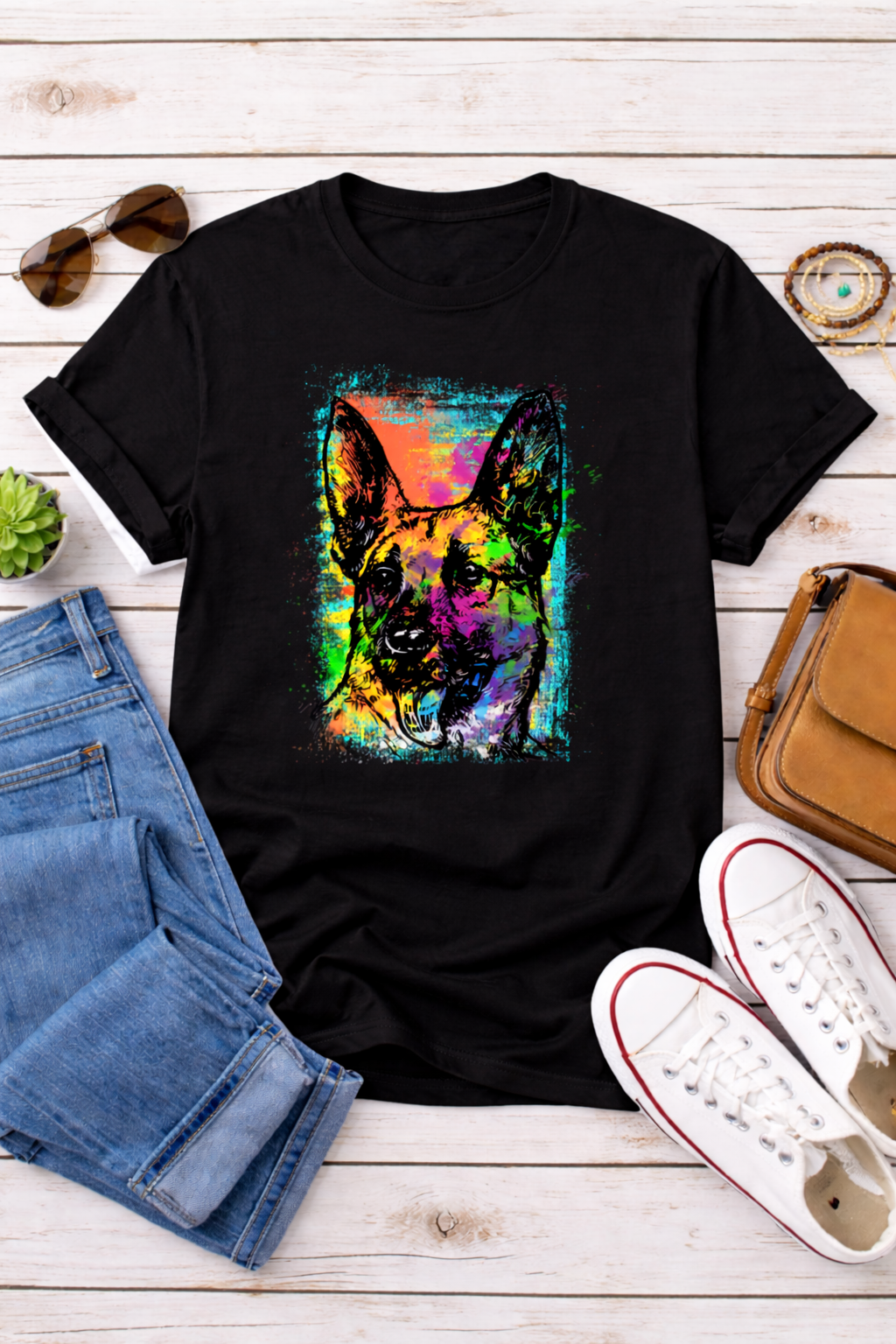 German Shepherd Artistic T-Shirt – Colorful Modern Dog Design