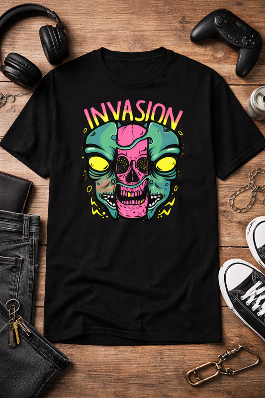 “Invasion” Alien Graphic T-Shirt – Retro Futuristic Streetwear Design