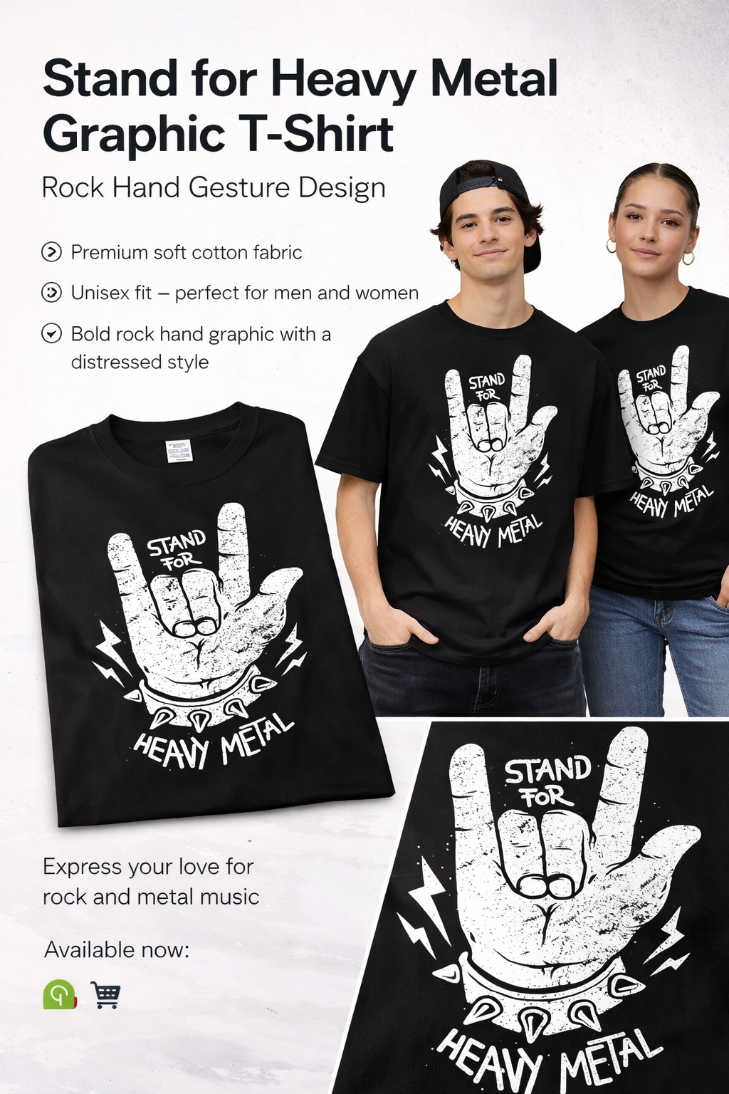 Black graphic t-shirt with rock hand gesture design and text 'Stand for Heavy Metal' worn by two people on a white background.