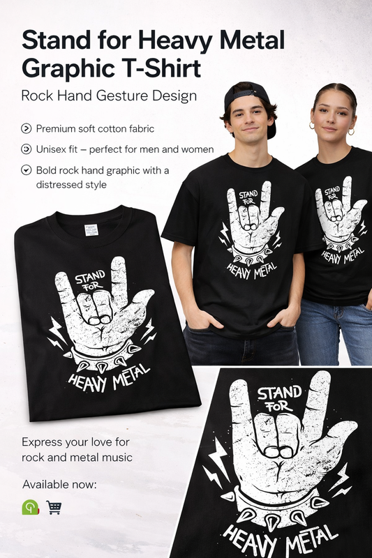 Black graphic t-shirt with rock hand gesture design and text 'Stand for Heavy Metal' worn by two people on a white background.