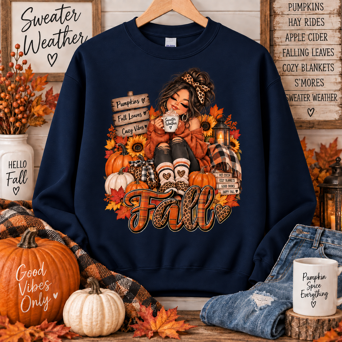 Fall Girl Sweatshirt, Cozy Autumn Crewneck, Pumpkin & Sunflower Sweater, Leopard Print Fall Shirt, Cute Fall Sweatshirt for Women