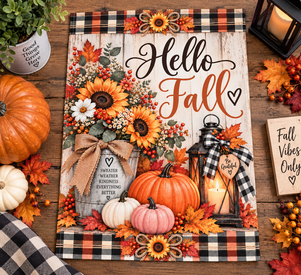 Hello Fall Garden Flag – Feminine Fall Garden Decor – Sunflower & Pumpkin Autumn Flag