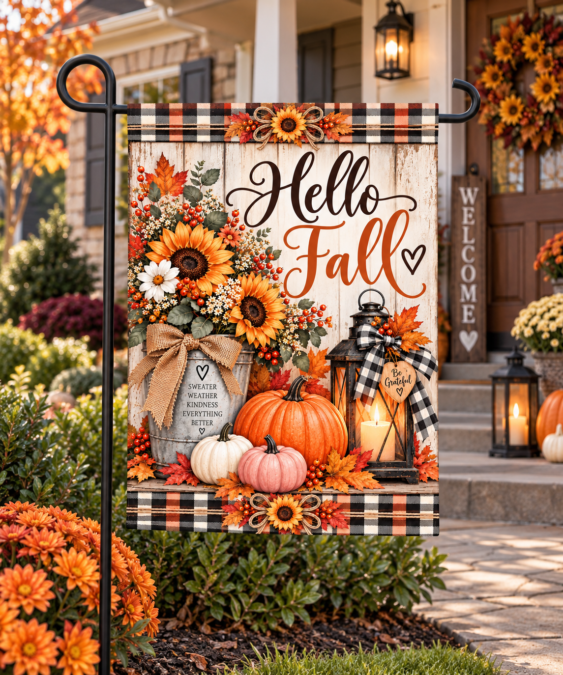 Hello Fall Garden Flag – Feminine Fall Garden Decor – Sunflower & Pumpkin Autumn Flag