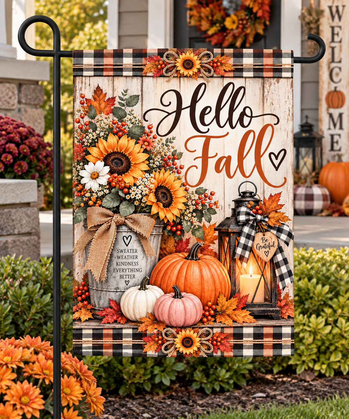 Hello Fall Garden Flag – Feminine Fall Garden Decor – Sunflower & Pumpkin Autumn Flag