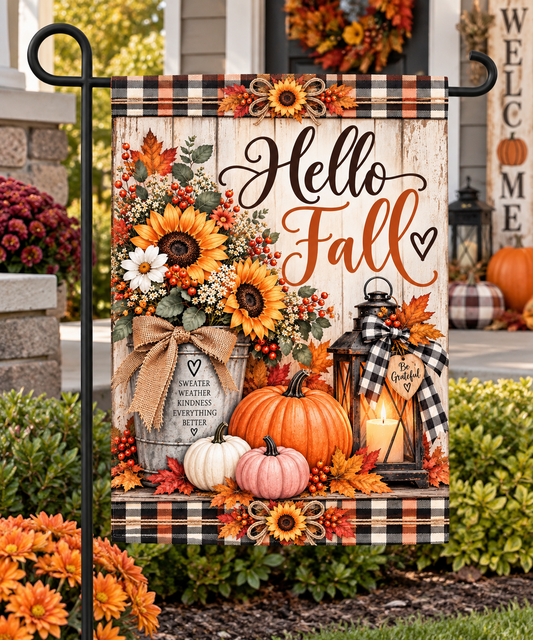 Hello Fall Garden Flag – Feminine Fall Garden Decor – Sunflower & Pumpkin Autumn Flag