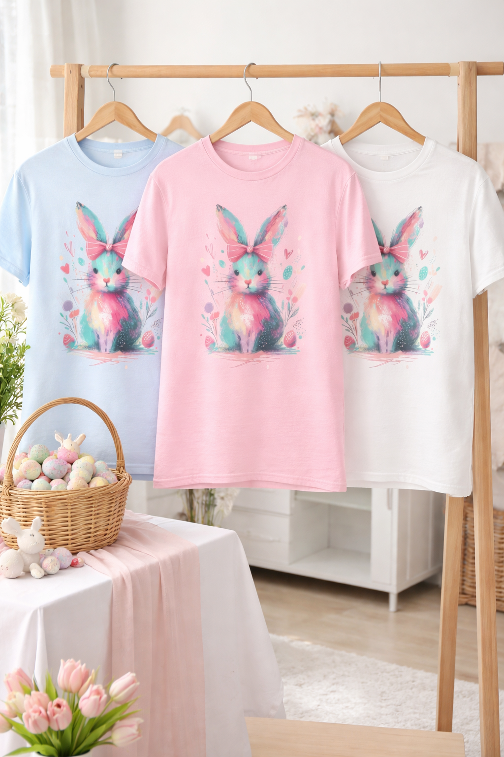 Colorful Easter Bunny T-Shirt — Spring watercolor graphic