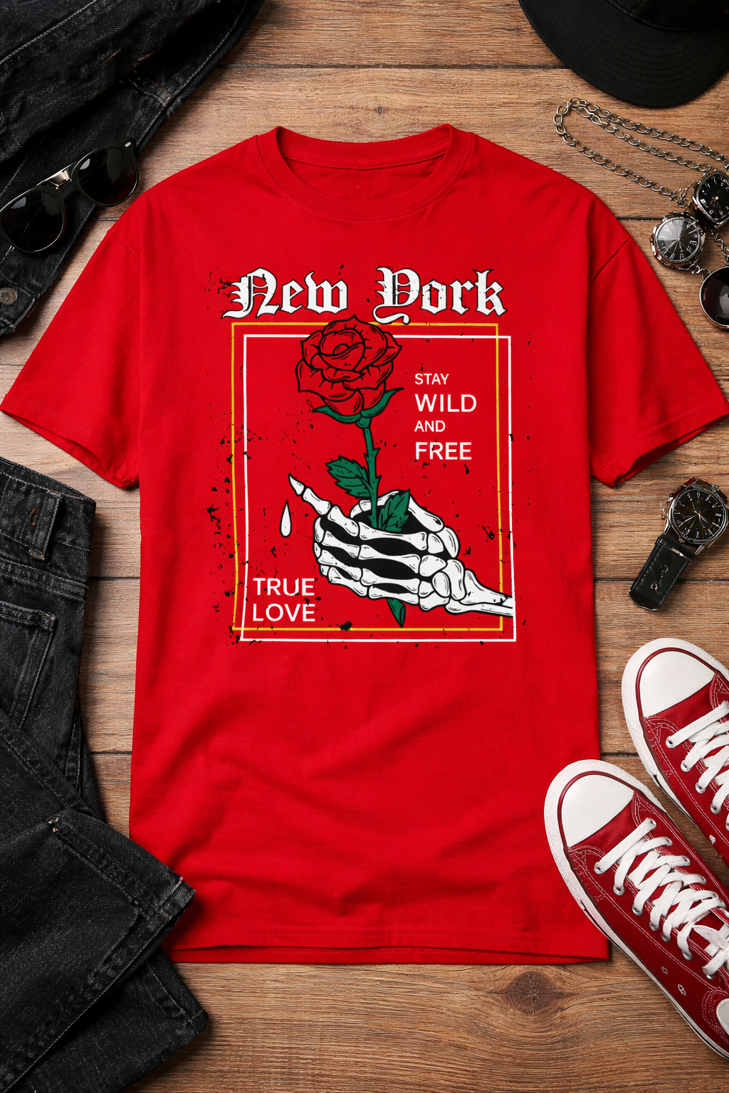 New York Graphic T-Shirt – Rose Skeleton Art | Stay Wild and Free