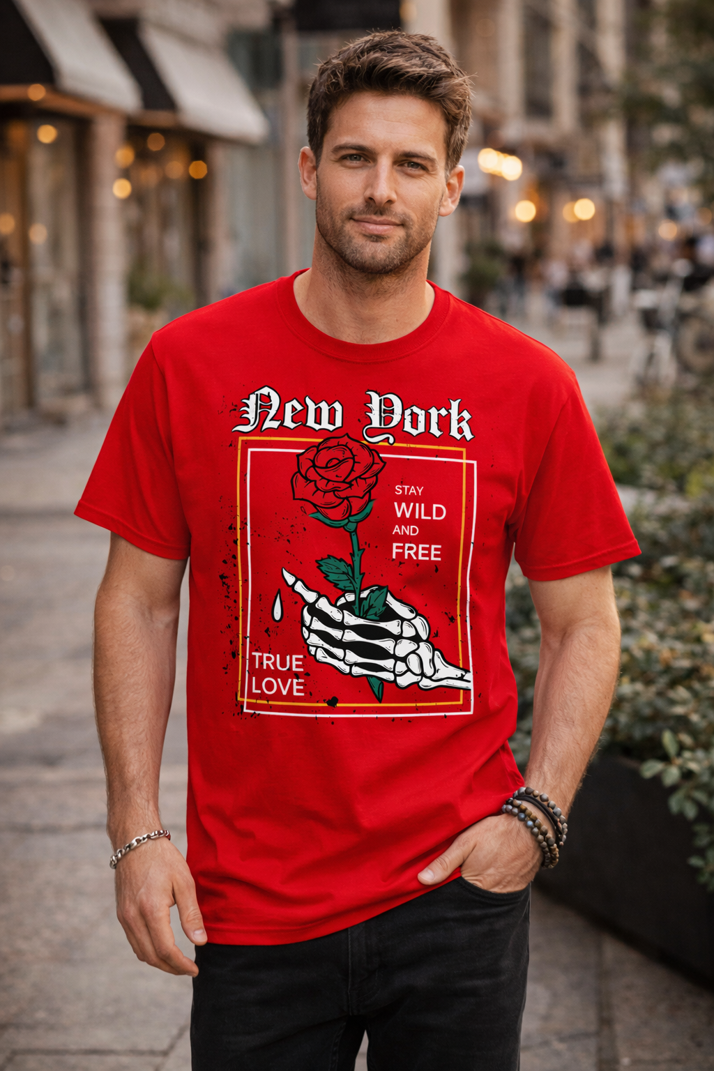 New York Graphic T-Shirt – Rose Skeleton Art | Stay Wild and Free