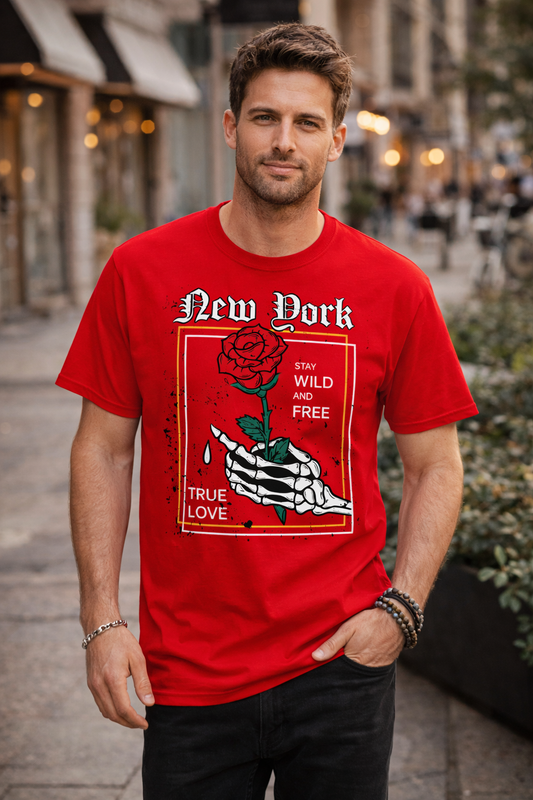 New York Graphic T-Shirt – Rose Skeleton Art | Stay Wild and Free