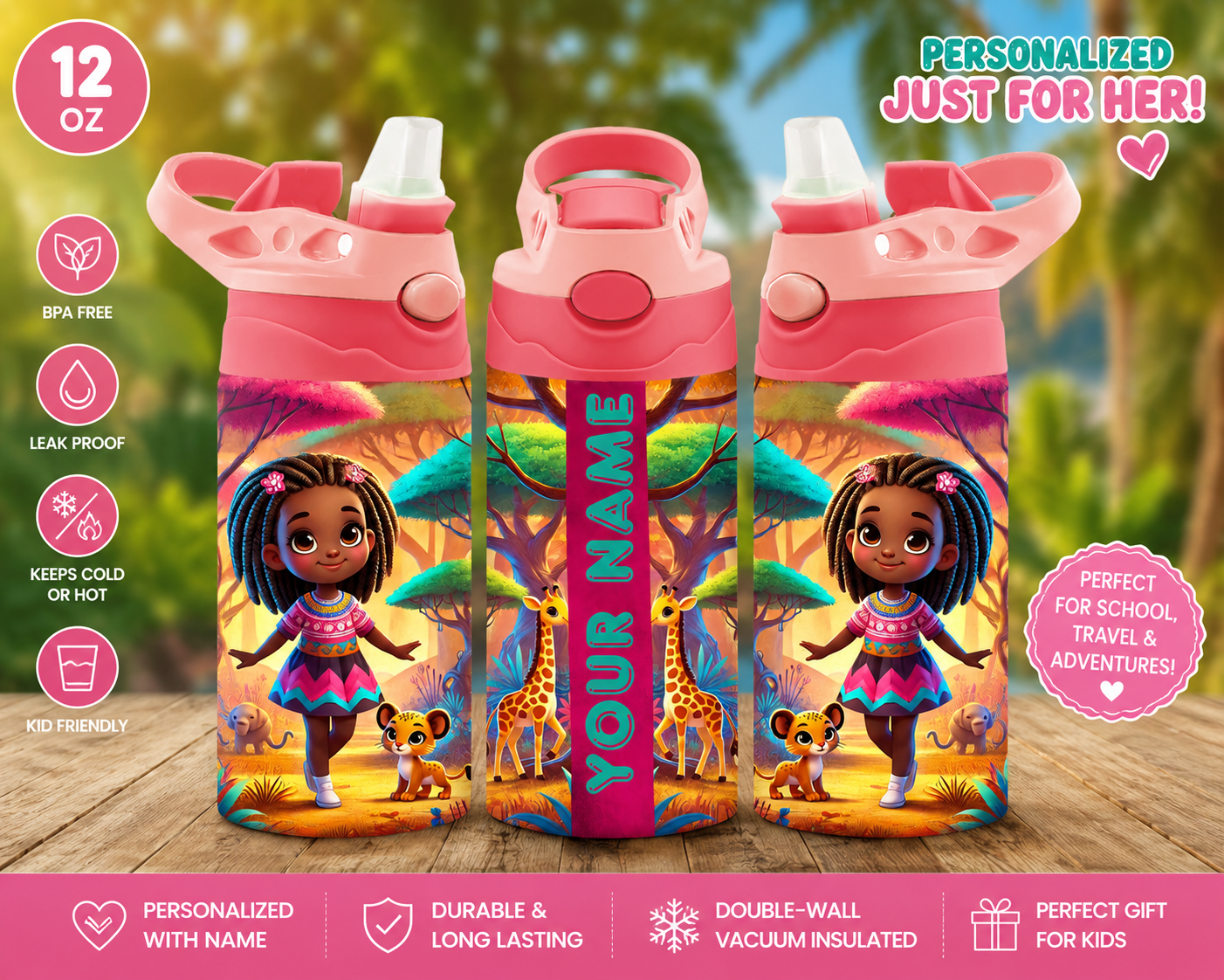 Personalized Expedition Girl 12oz Kids Tumbler | Safari Adventure Water Bottle with Straw Lid