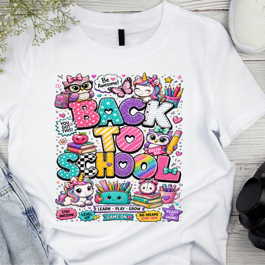 Girls Back to School Shirt – Cute Unicorn & Owl Graphic Tee | Colorful School Outfit for Girls | First Day of School Gift | Kids Back to School Tee