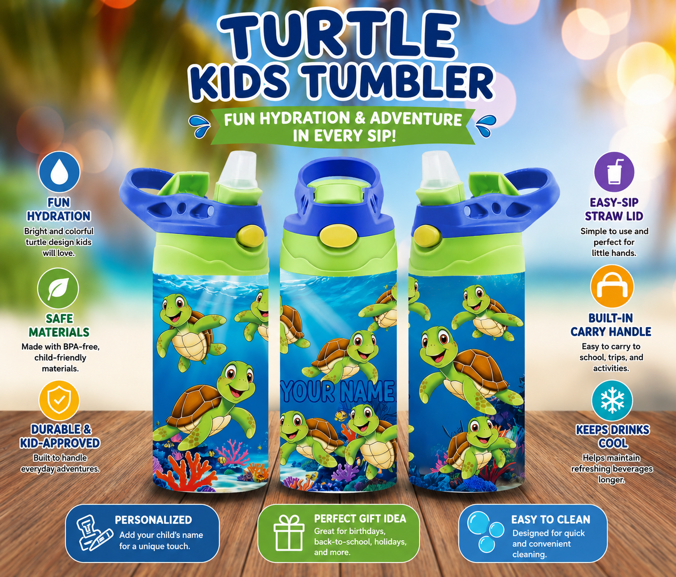 Personalized Turtle Adventure Kids Tumbler – 12oz Vacuum Insulated Stainless Steel Cup