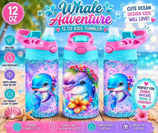 Cute Whale Kids Tumbler – 12 oz Kids Water Bottle