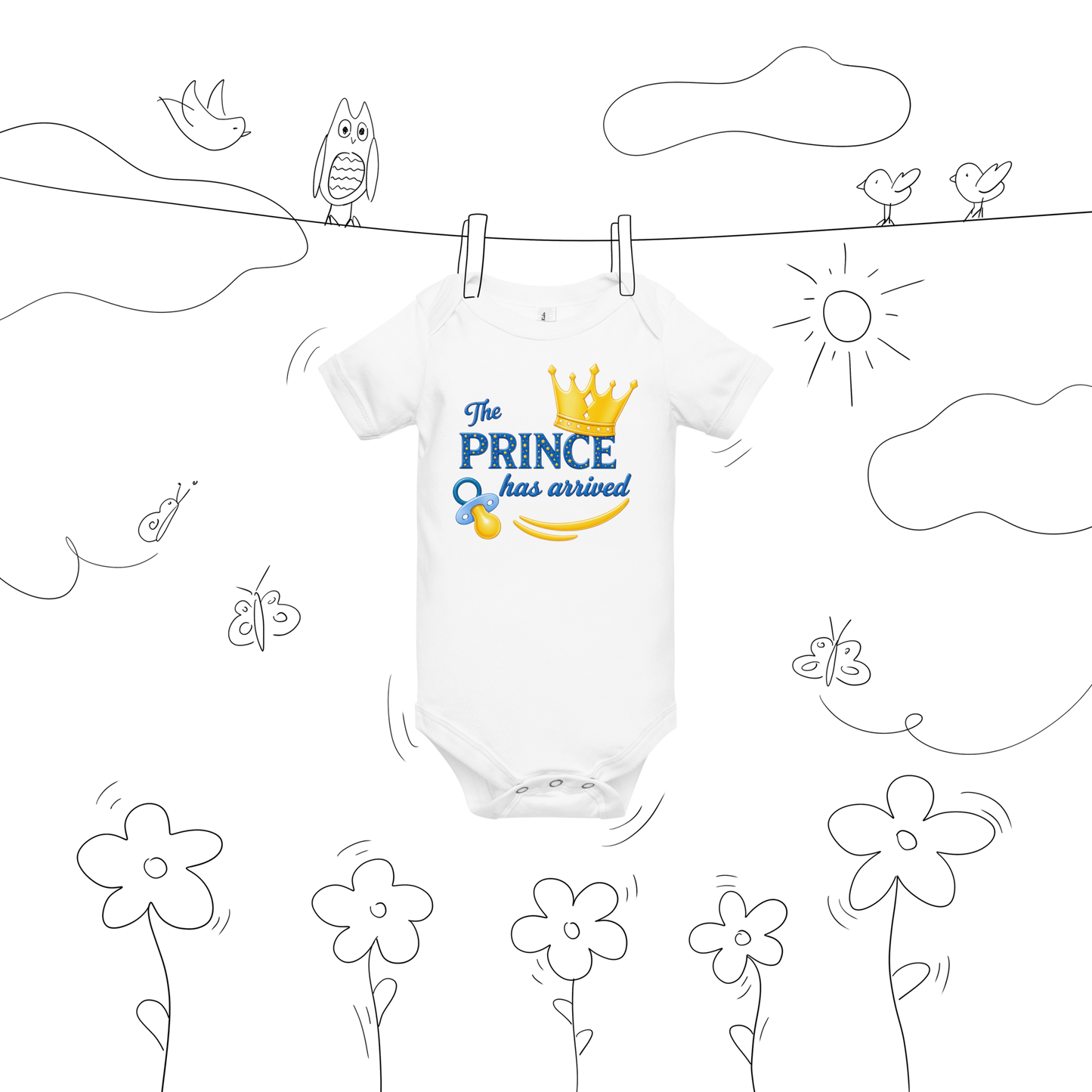 The Prince Has Arrived Baby Onesie – Cute Baby Boy Crown Bodysuit