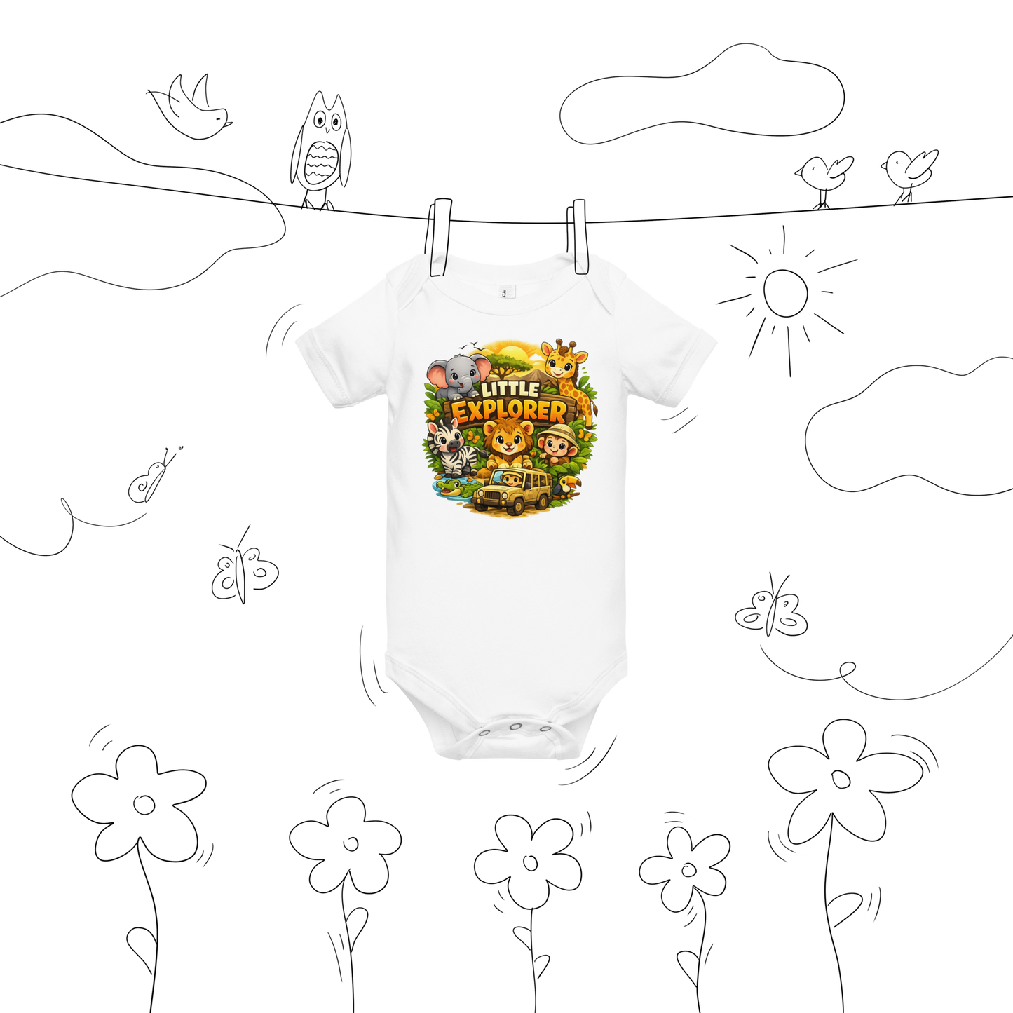 Little Explorer Safari Baby Onesie – Jungle Animals Infant Bodysuit