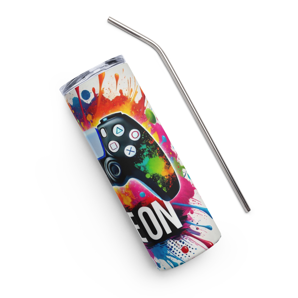 White Game-On PS Controller Metal Tumbler image 1