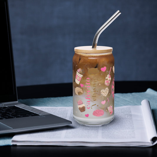 Cafecito & Chisme (Coffee & Gossip) Glass Cup w/Lid image 0