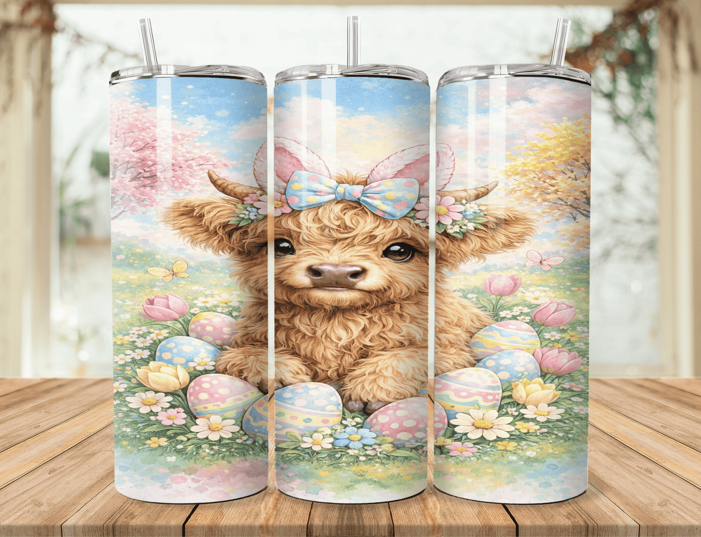 Easter Highland Cow Tumbler — Cute Spring Cow Cup — Pastel Easter Drinkware — Farm Animal Lover Gift