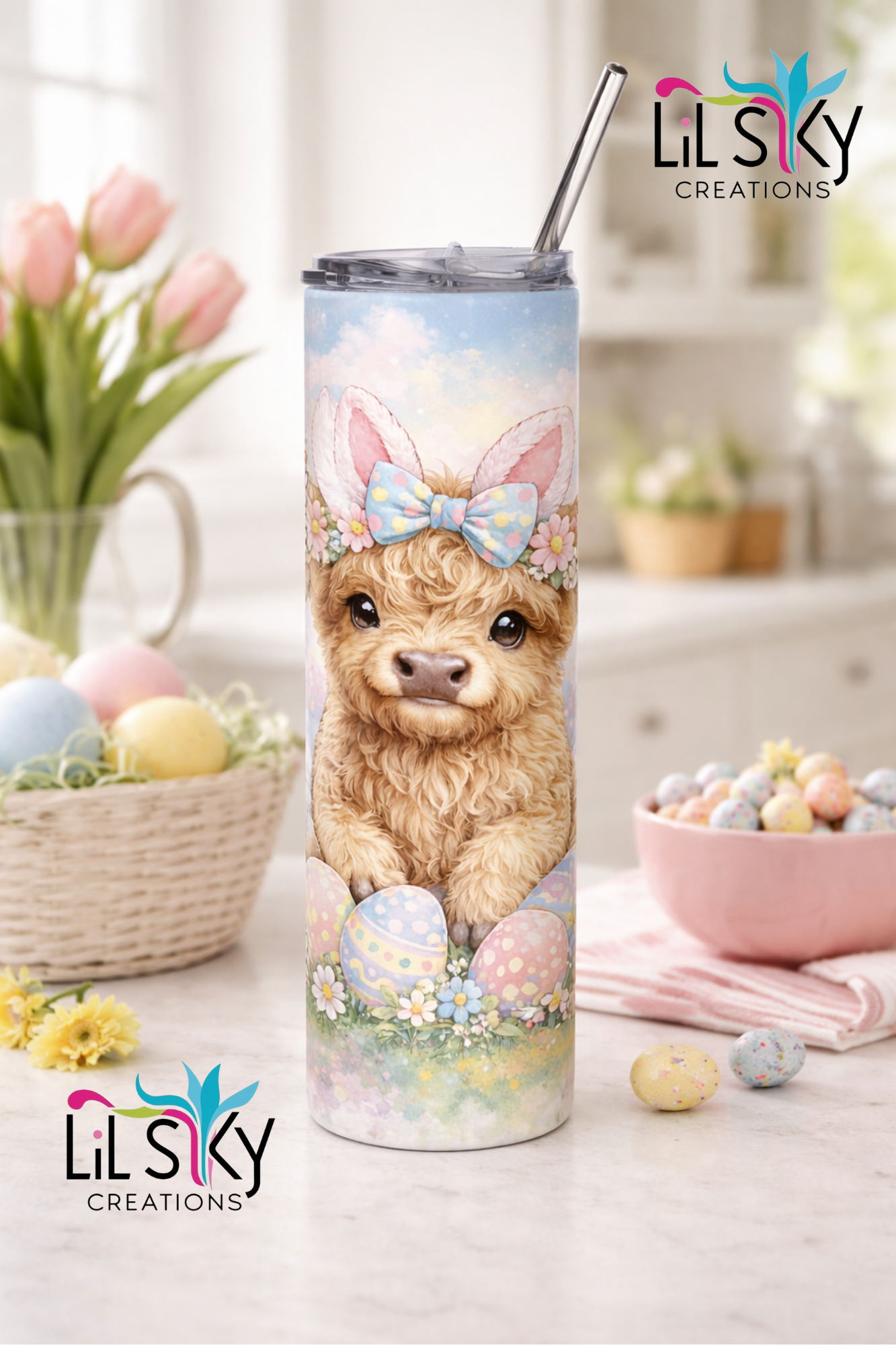 Easter Highland Cow Tumbler — Cute Spring Cow Cup — Pastel Easter Drinkware — Farm Animal Lover Gift