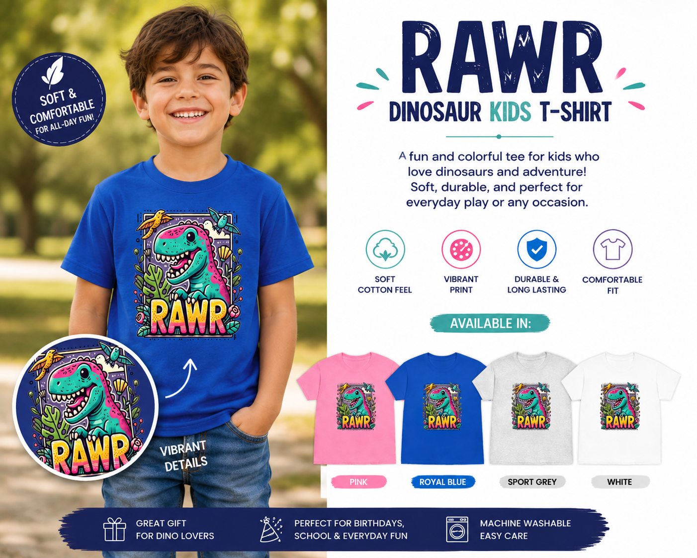 RAWR Dinosaur Kids T-Shirt | Cute Kids Dino Graphic Tee