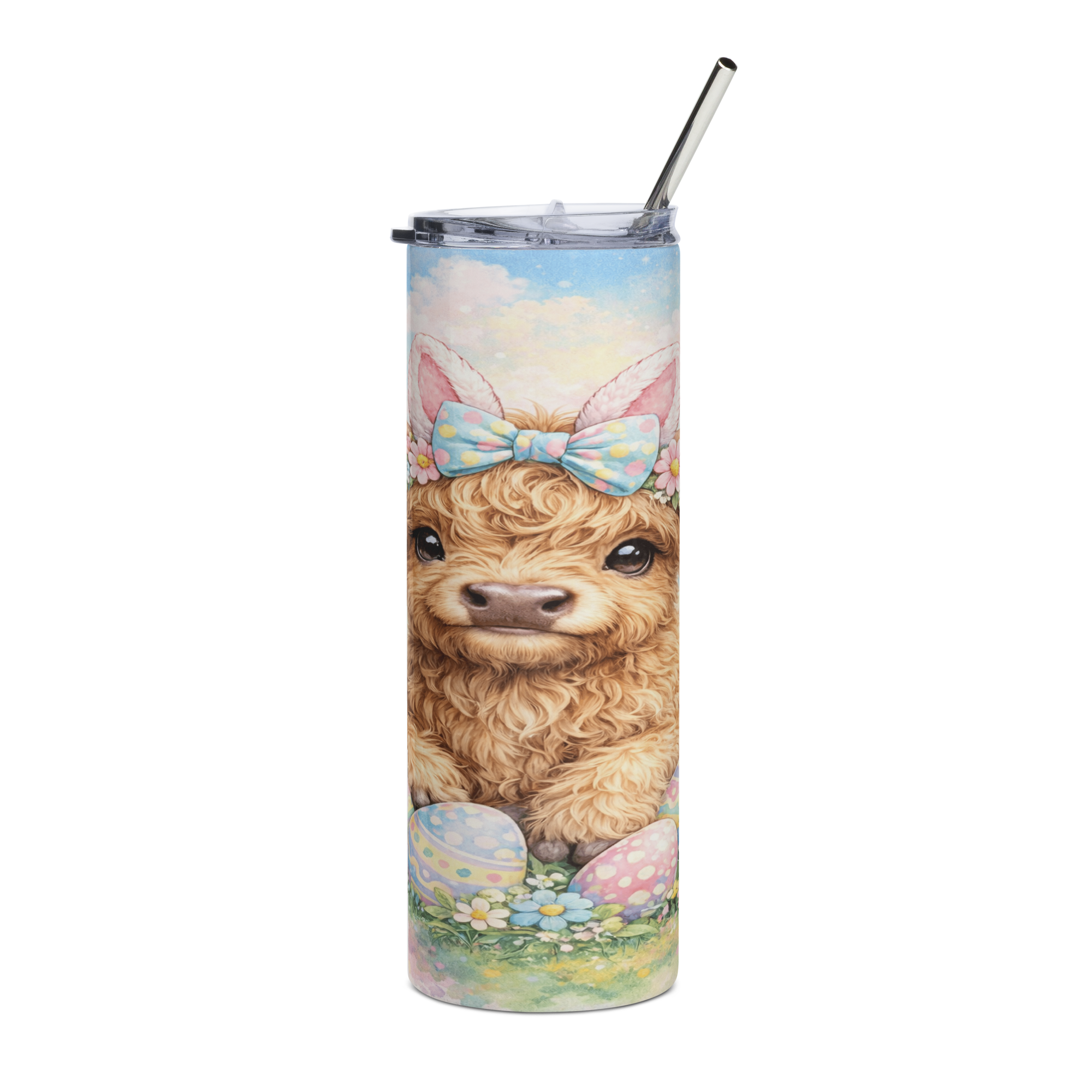 Easter Highland Cow Tumbler — Cute Spring Cow Cup — Pastel Easter Drinkware — Farm Animal Lover Gift