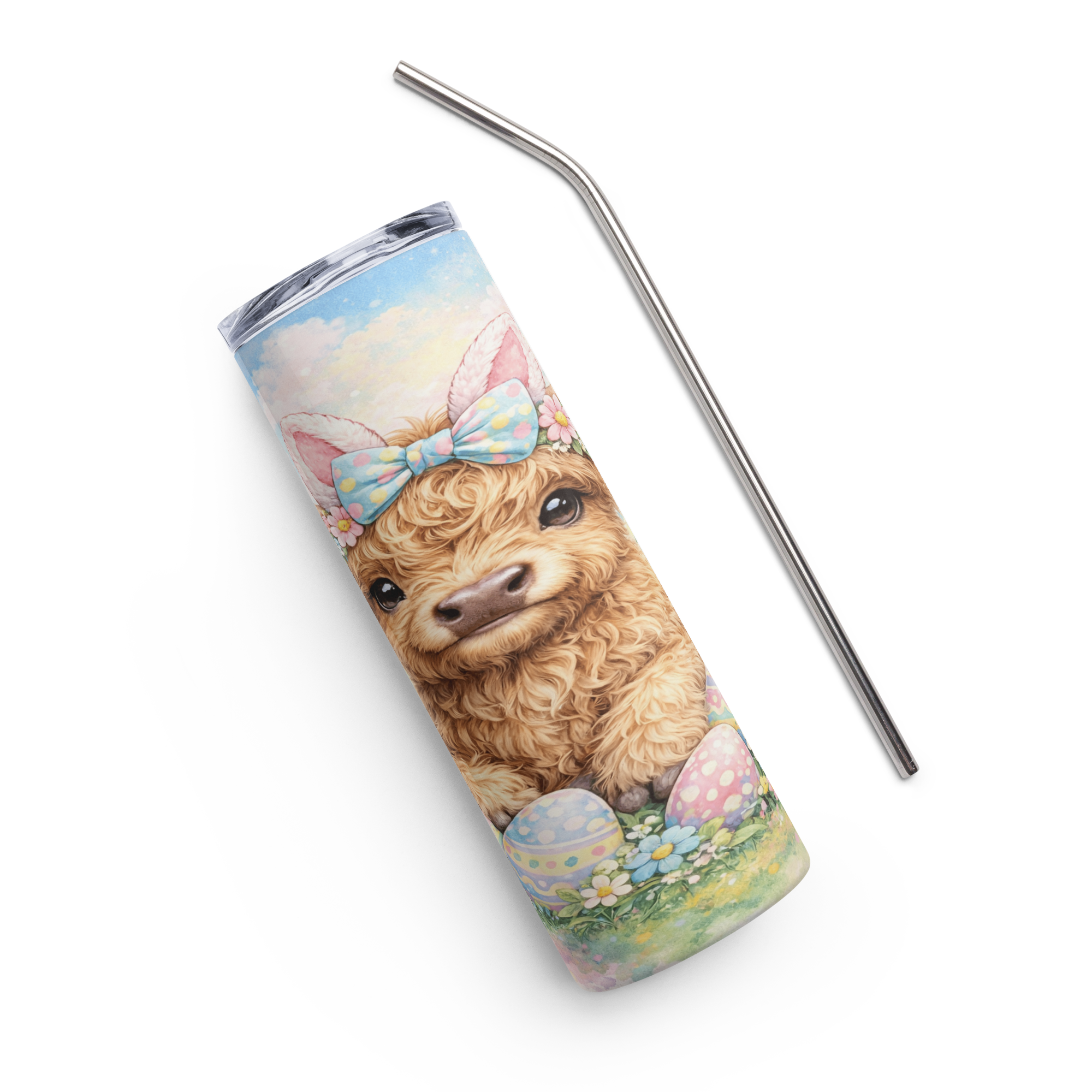 Easter Highland Cow Tumbler — Cute Spring Cow Cup — Pastel Easter Drinkware — Farm Animal Lover Gift
