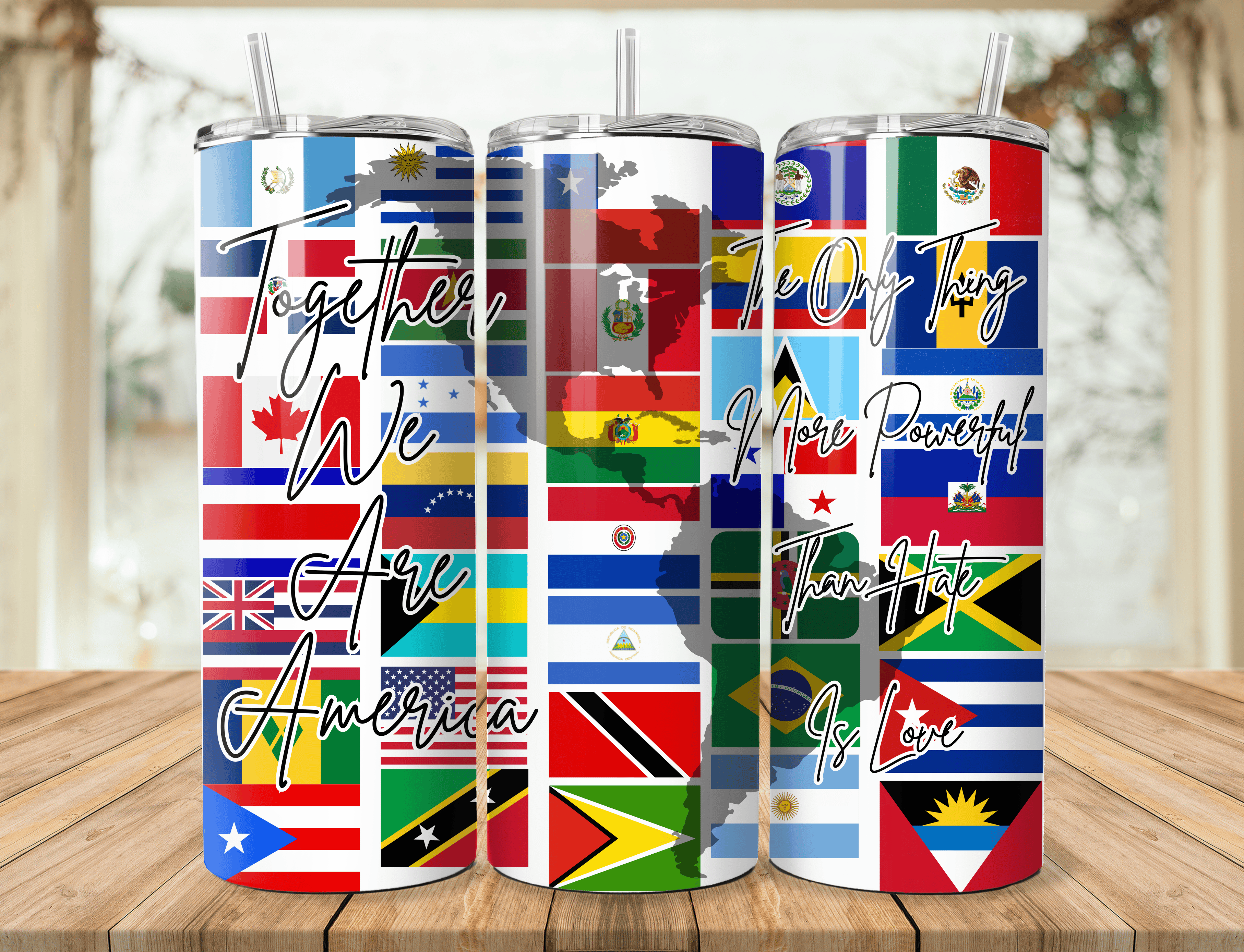 “Together We Are America — The Only Thing More Powerful Than Hate Is Love.” Tumbler 20oz