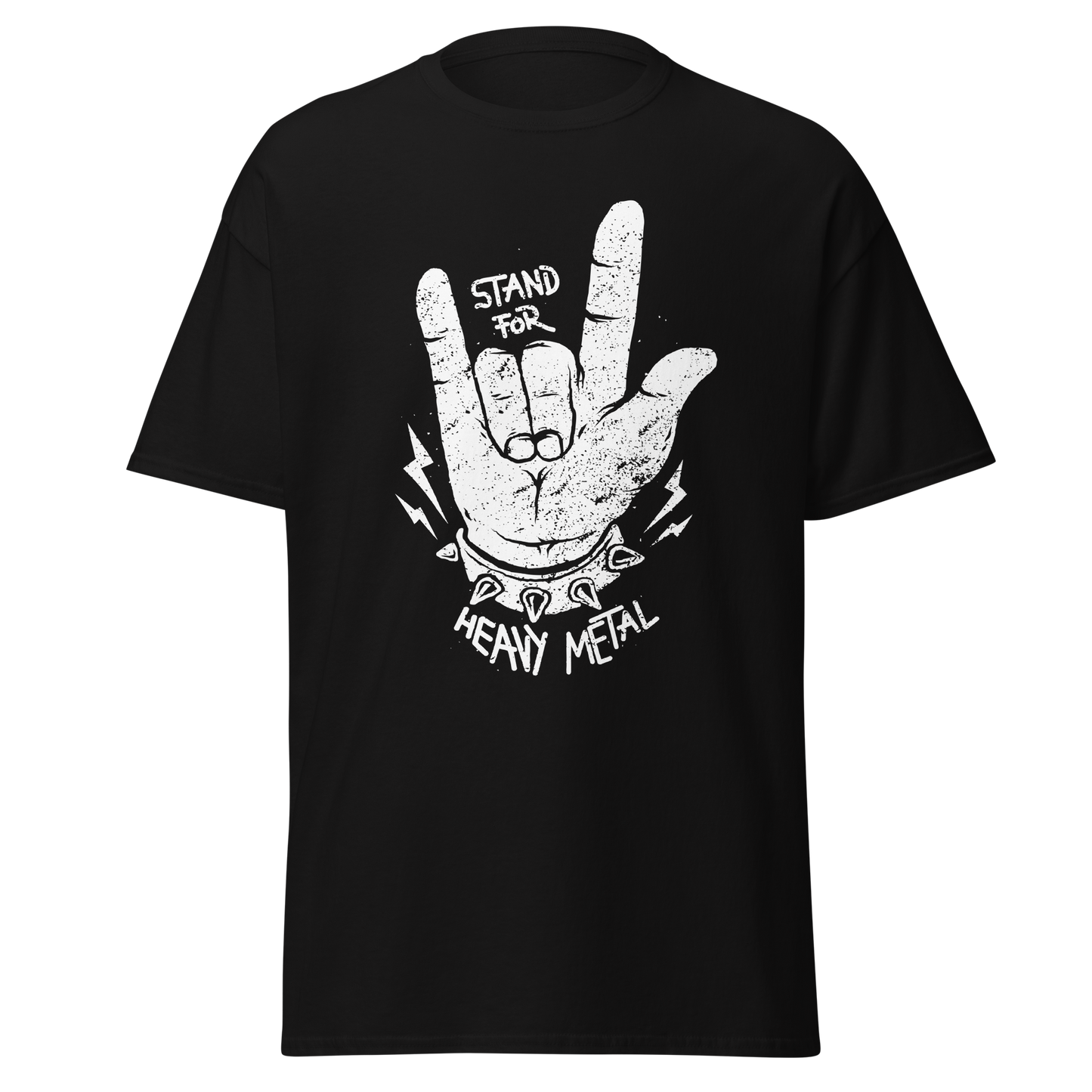 Black t-shirt with white graphic and text 'Stand for Heavy Metal' on a white background