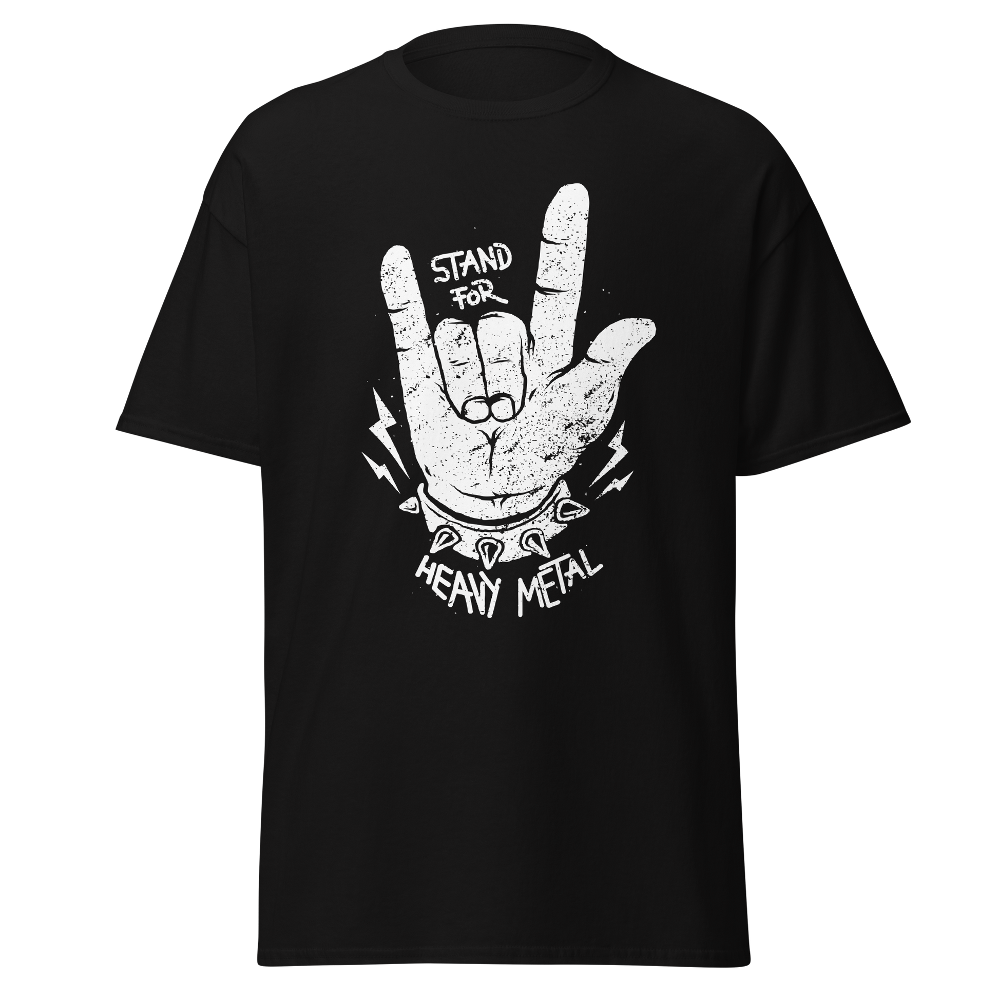 Black t-shirt with white graphic and text 'Stand for Heavy Metal' on a white background