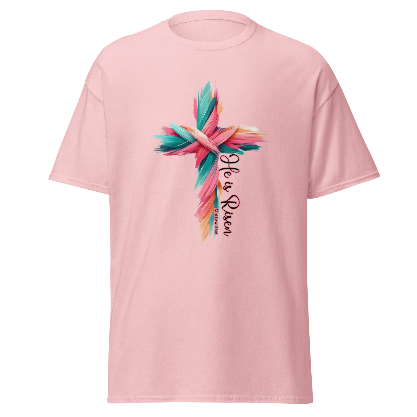 He Is Risen Cross T-Shirt — Vibrant Brush‑Stroke Faith Design