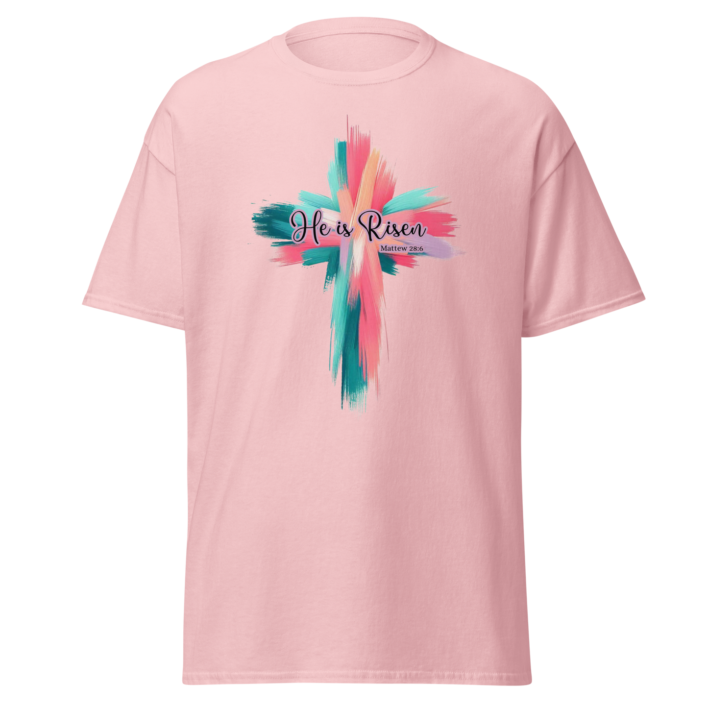 “He Is Risen” Christian T-Shirt — Matthew 28:6 Faith Cross Design