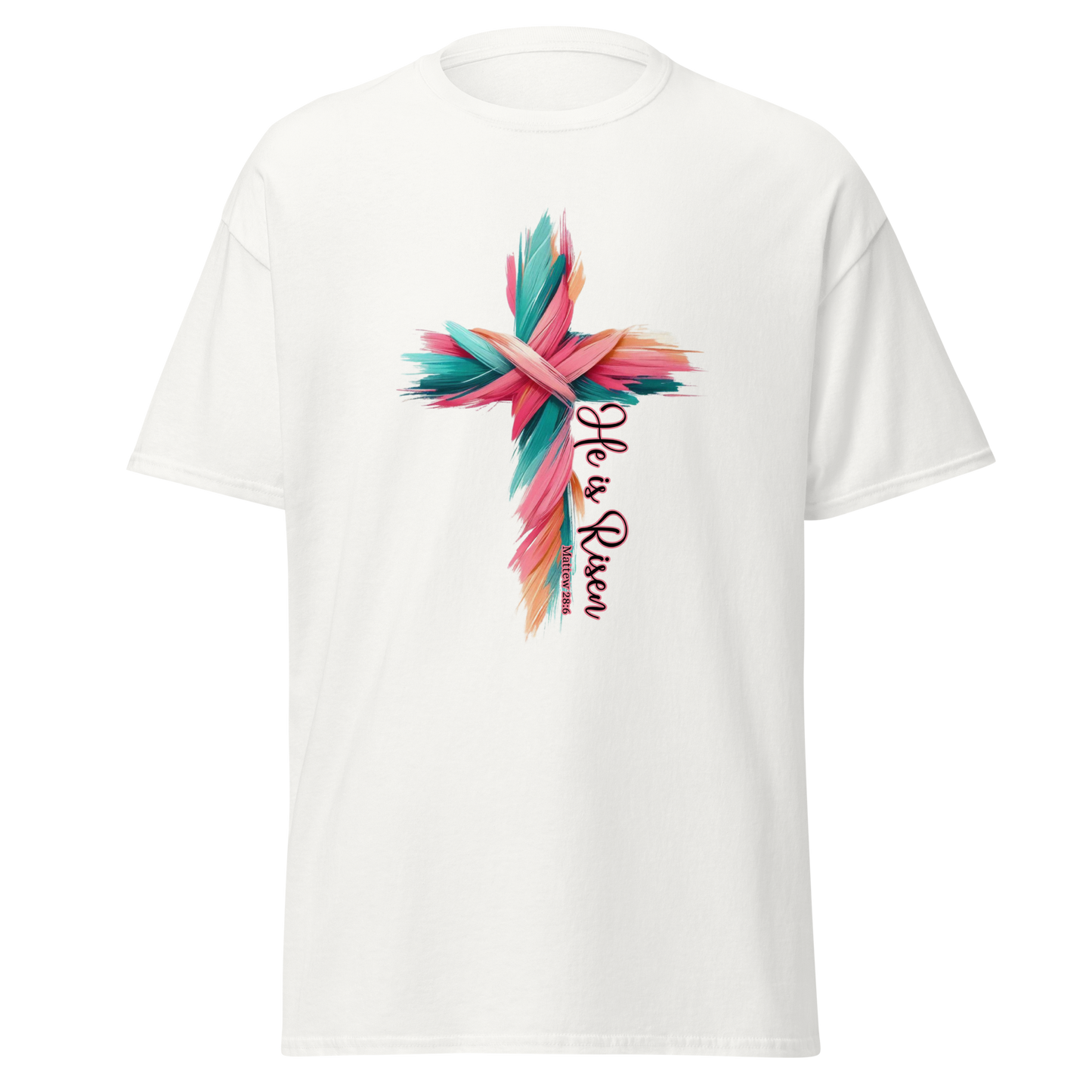 He Is Risen Cross T-Shirt — Vibrant Brush‑Stroke Faith Design